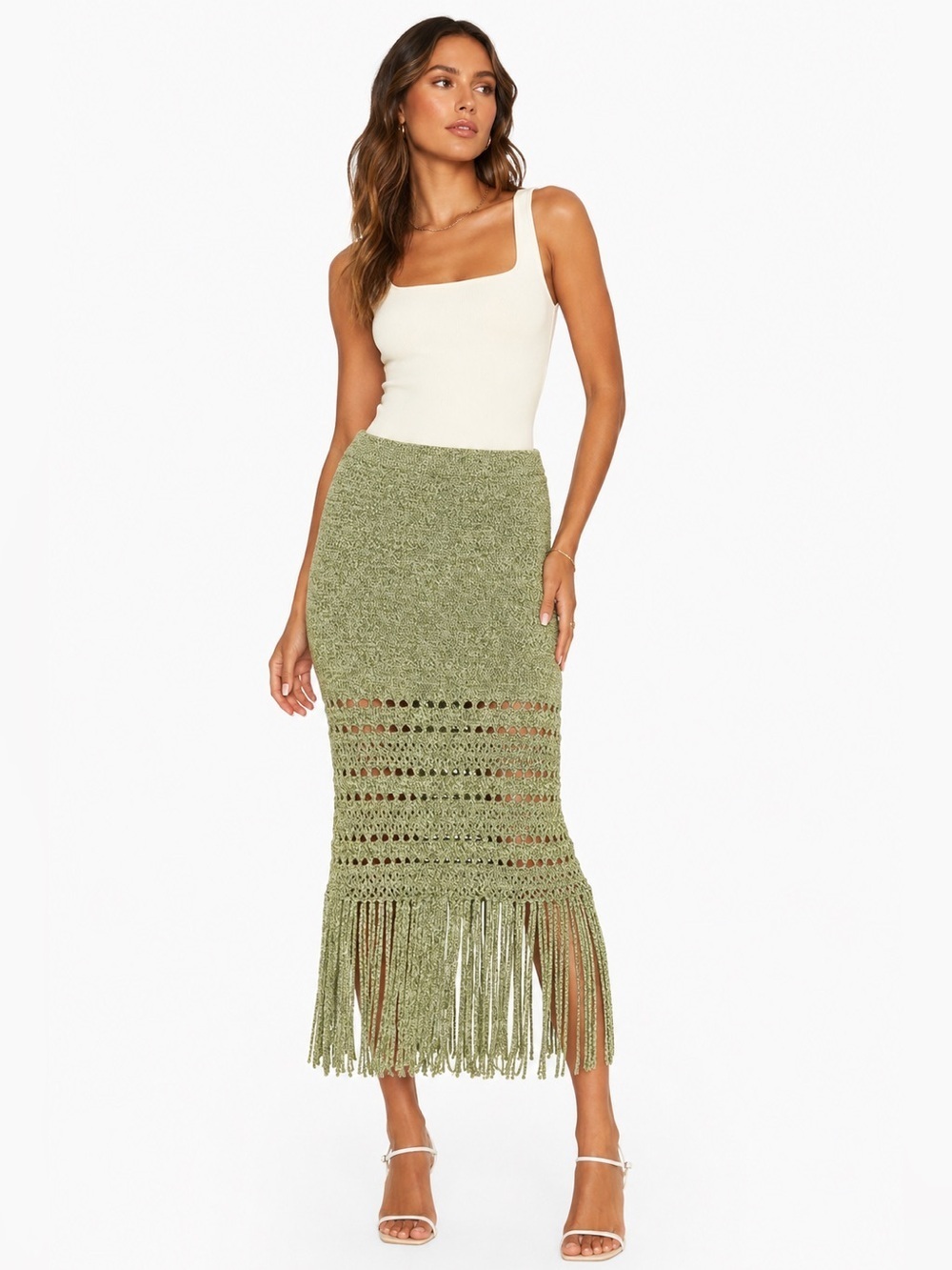 Amanda Uprichard Sage Fringe Crochet Knit Midi Skirt XL